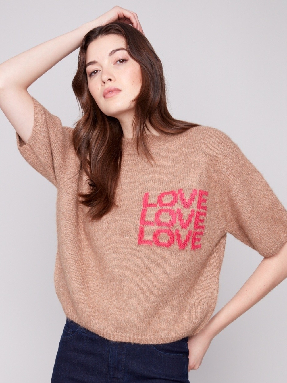 CHARLIE B Tan Short-Sleeve Crewneck Sweater with Pink LOVE Graphic